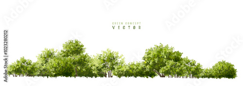  Vector watercolor green  tree or forest side view isolated on white background for landscape and architecture drawing,elements for environment or and garden,Shrub for section