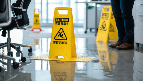 Wallpaper Mural Wet floor with yellow warning signs and businessman in office Torontodigital.ca