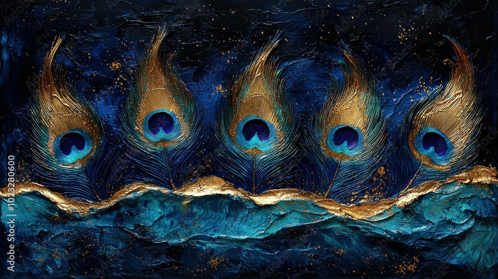 A stunning abstract depiction of peacock feathers with vibrant blue and gold tones, showcasing the artistic interpretation of natural beauty. A stunning abstract depiction of peacock feathers with vibrant blue and gold tones, showcasing the artistic interpretation of natural beauty.