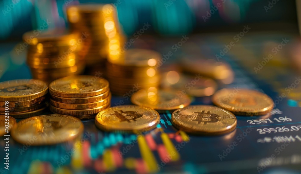 Cryptocurrency coins stacked on financial charts with fluctuating market data in the background during daylight Cryptocurrency coins stacked on financial charts with fluctuating market data in the background during daylight