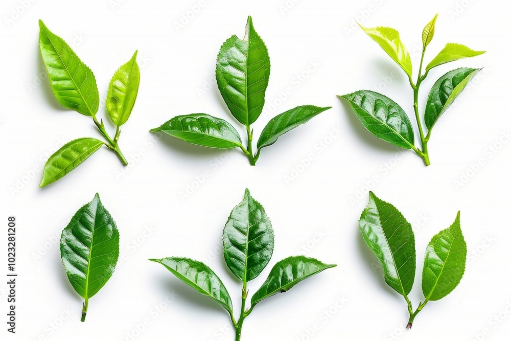 Various green tea leaves arranged artistically on a white background, showcasing their unique shapes and textures Various green tea leaves arranged artistically on a white background, showcasing their unique shapes and textures