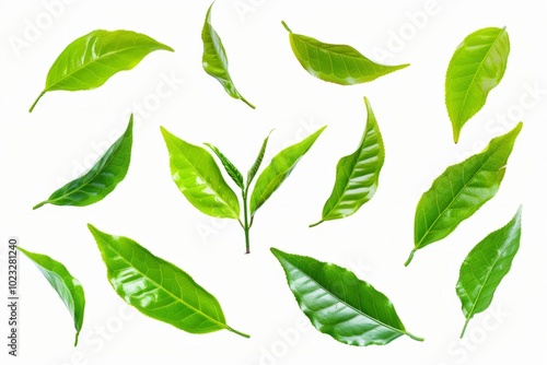 Assorted green leaves arranged beautifully on a white background showcasing vibrant shades of green in springtime