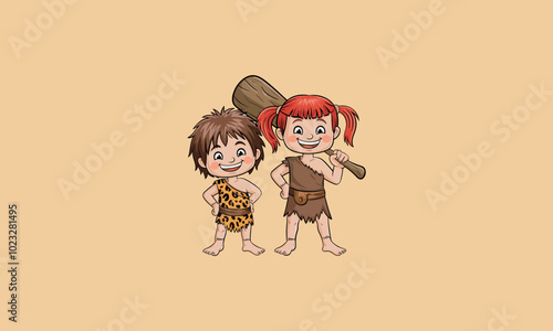 Two happy caveman kids, one holding a club, smiling