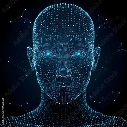 Digital render of a Human face, biometric data, facial recognition technology 