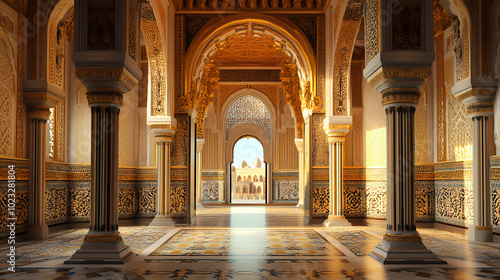 Fototapeta Naklejka Na Ścianę i Meble -  3d rendering of a opulent moorish style palace interior with golden walls and intricate patterns. Moorish Palace. Illustration