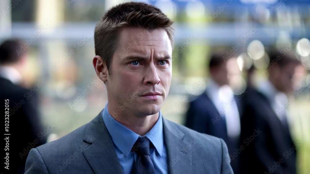 Businessman in blue suit with focused expression at corporate event Businessman in blue suit with focused expression at corporate event