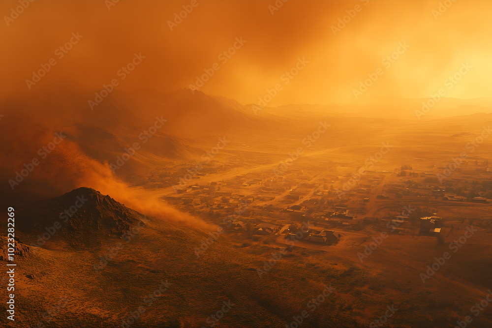 Fototapeta premium A massive dust storm rolling over a desert town, with thick clouds of dust obscuring the horizon