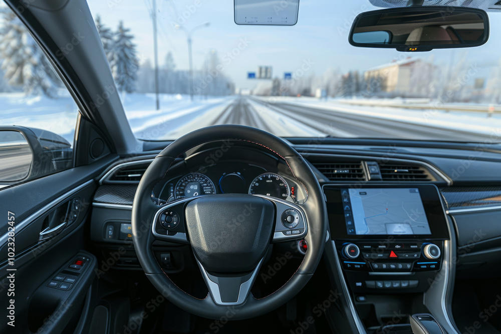 Winter driving experience captured from the perspective of a car's dashboard on a snowy road in a quiet urban area Winter driving experience captured from the perspective of a car's dashboard on a snowy road in a quiet urban area