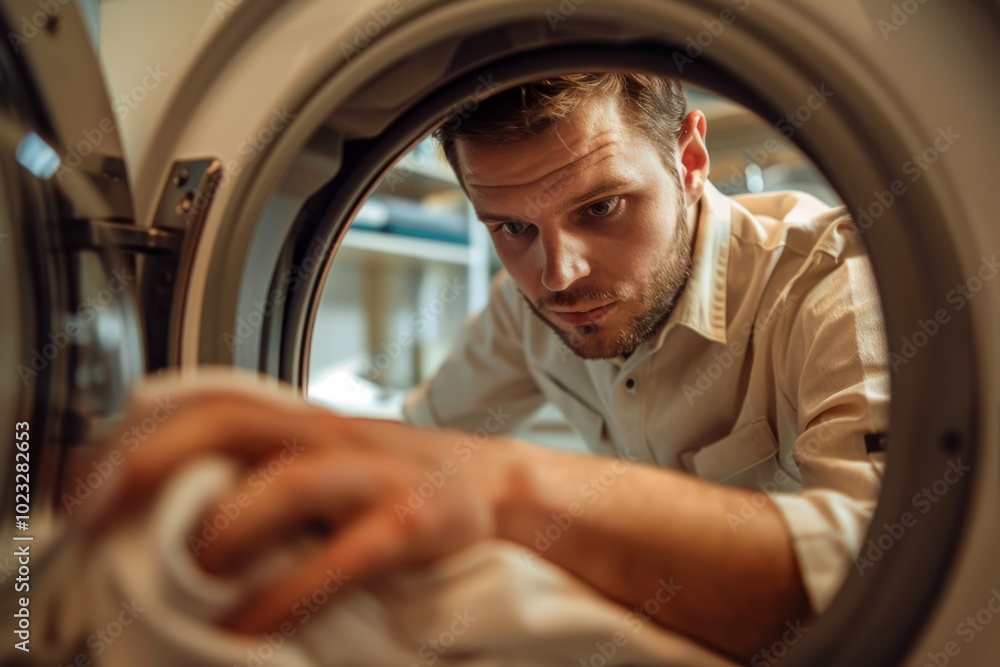 A young man carefully loads fresh laundry into a washing machine in a well-lit laundry room during the afternoon A young man carefully loads fresh laundry into a washing machine in a well-lit laundry room during the afternoon