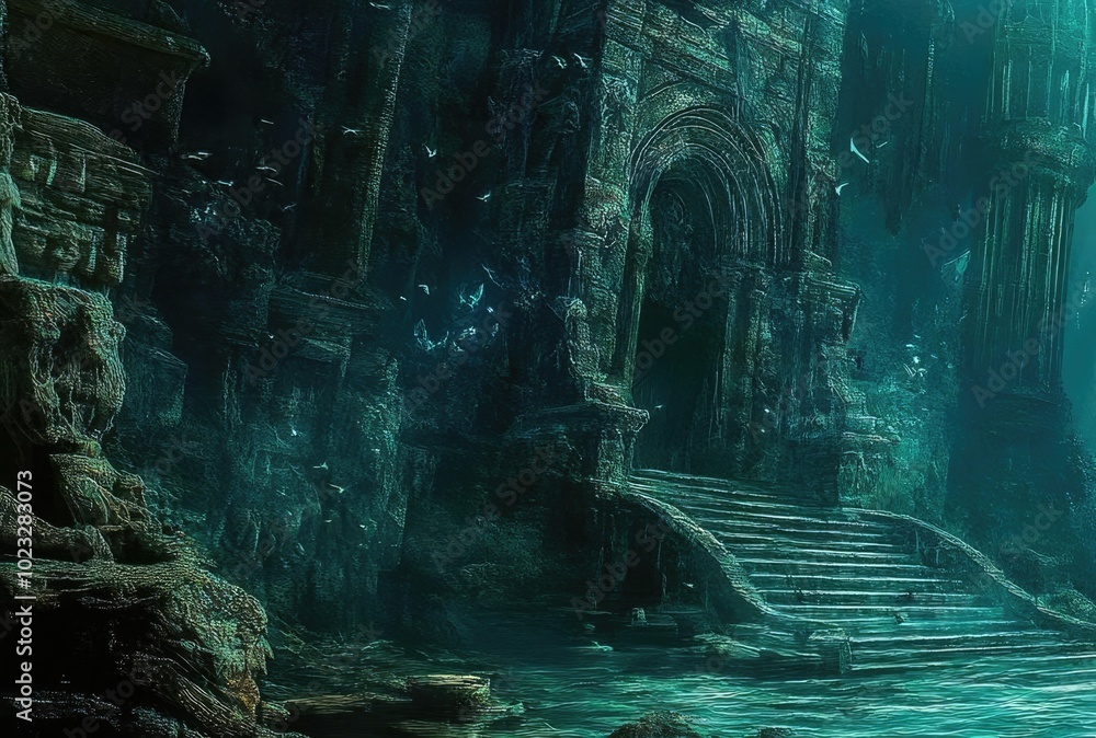 A mystical underwater scene featuring a mermaid exploring ancient ruins, illuminated by ethereal light and surrounded by sea life. A mystical underwater scene featuring a mermaid exploring ancient ruins, illuminated by ethereal light and surrounded by sea life.