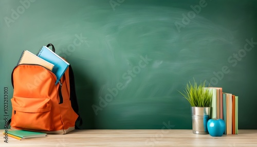 learning space background with green wall and educational supplies