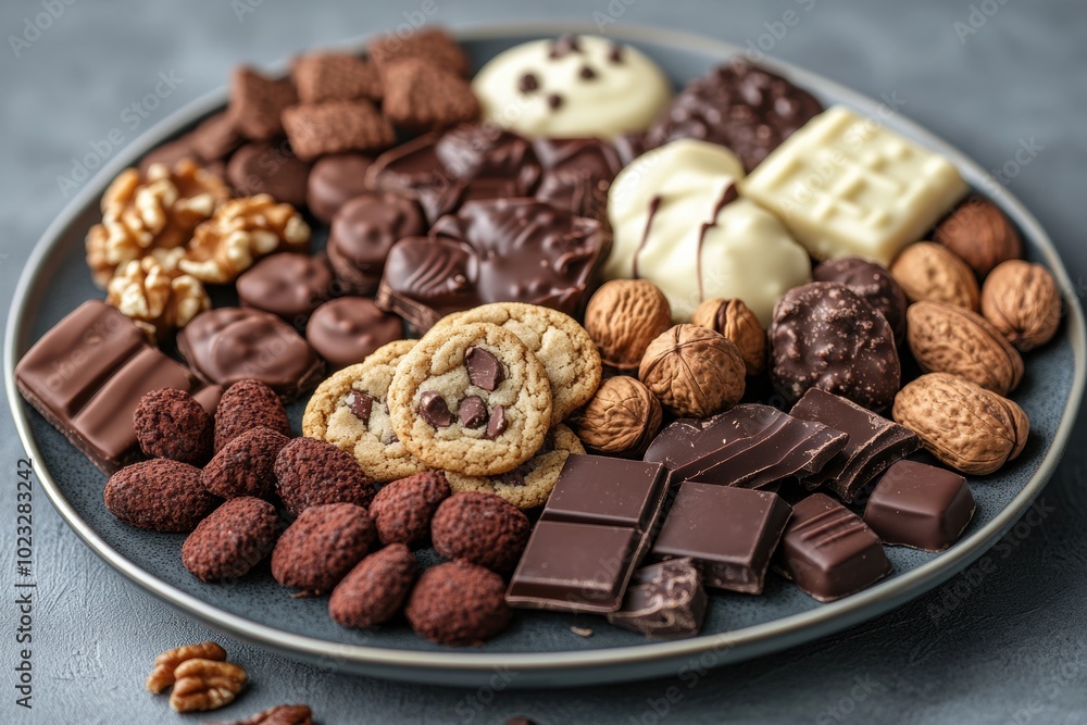 assorted sweet and savory snacks on a plate cookies, chocolates, nuts snack platter concept featuring a mix of flavors assorted sweet and savory snacks on a plate cookies, chocolates, nuts snack platter concept featuring a mix of flavors