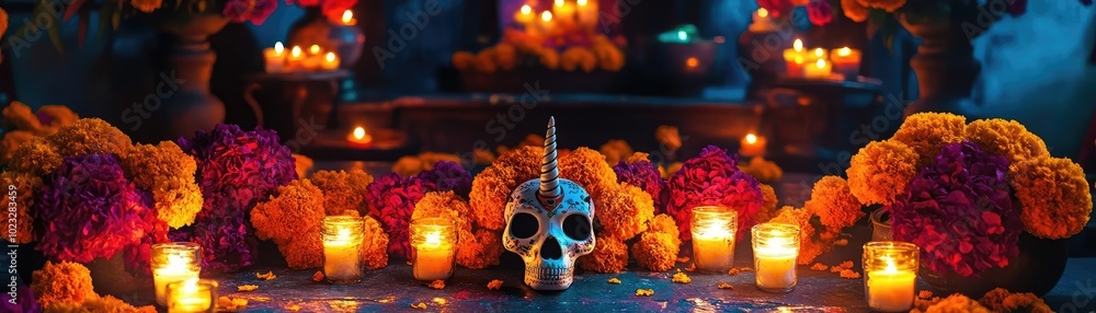 Vibrant altar with marigold flowers and flickering candles, celebrating the rich cultural tradition of Day of the Dead. Vibrant altar with marigold flowers and flickering candles, celebrating the rich cultural tradition of Day of the Dead.