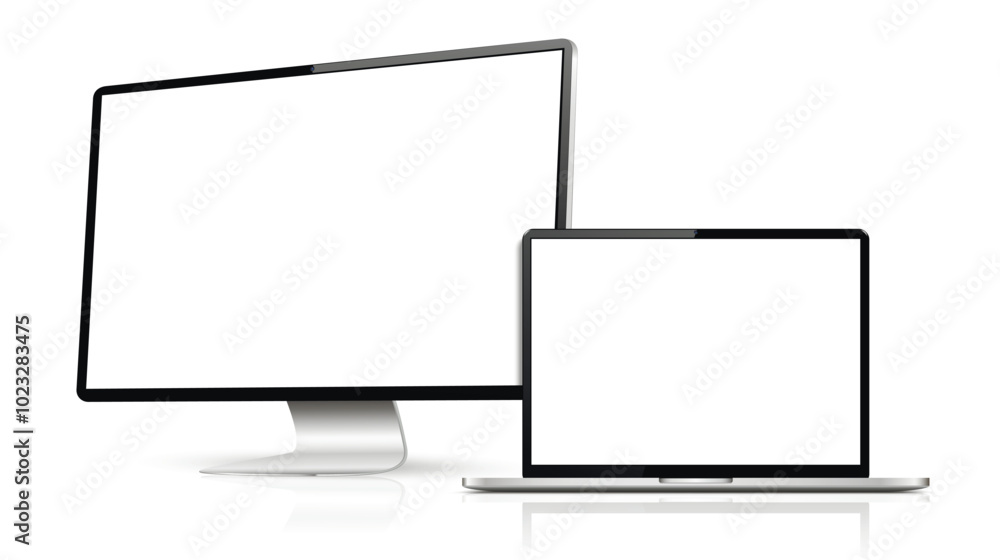 Realistic computer screen with laptop mockup. Computer display and laptop with blank screen. Realistic computer screen with laptop mockup. Computer display and laptop with blank screen.