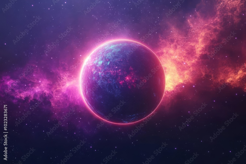 A glowing planet with intricate holographic rings in a distant galaxy, surrounded by colorful nebulae, Scifi, Neon tones, 3D render A glowing planet with intricate holographic rings in a distant galaxy, surrounded by colorful nebulae, Scifi, Neon tones, 3D render