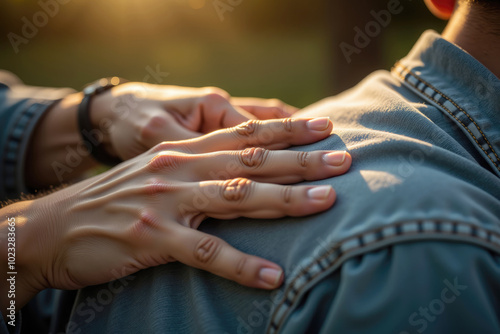 Woman comforting man by gently touching his shoulder