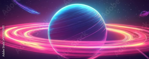 A planet with an atmosphere of neon gases, surrounded by holographic rings, Scifi, Bright tones, Digital illustration