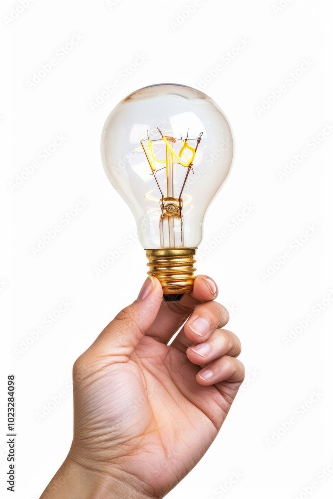 A person holding a light bulb with a glowing filament, symbolizing ideas and innovation in a white background setting A person holding a light bulb with a glowing filament, symbolizing ideas and innovation in a white background setting