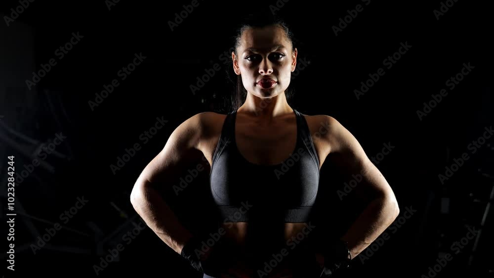The silhouette of a muscular woman in sportswear on a black background. Portrait of a female bodybuilder on a black background, muscular body. An athletic woman shows off a muscular body. The silhouette of a muscular woman in sportswear on a black background. Portrait of a female bodybuilder on a black background, muscular body. An athletic woman shows off a muscular body.