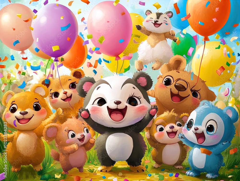 Whimsical Animal Party: A Colorful Poster Featuring Cute Cartoon Animals Celebrating with Balloons and Confetti - Perfect for Brightening Up Kids' Rooms or Play Areas! Whimsical Animal Party: A Colorful Poster Featuring Cute Cartoon Animals Celebrating with Balloons and Confetti - Perfect for Brightening Up Kids' Rooms or Play Areas!