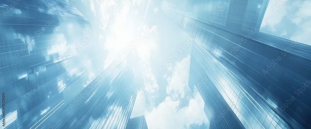 Low Angle View of Modern Glass Skyscrapers with Cloudy Sky Low Angle View of Modern Glass Skyscrapers with Cloudy Sky