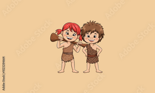 Two happy caveman kids, one holding a club, smiling