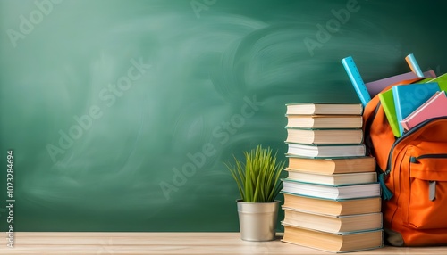 school-inspired background with books and backpack on green wall