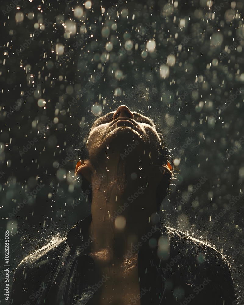 Person Experiencing Cathartic Release Under Downpour of Rain Face Upturned Capturing Cleansing Emotions Person Experiencing Cathartic Release Under Downpour of Rain Face Upturned Capturing Cleansing Emotions