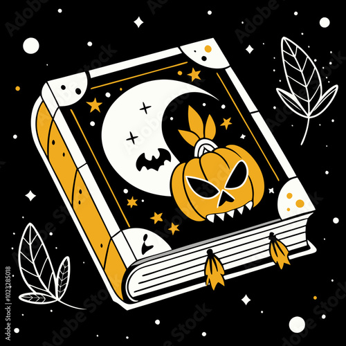 Witch's spellbook with a spooky pumpkin and bat illustration against a dark background
