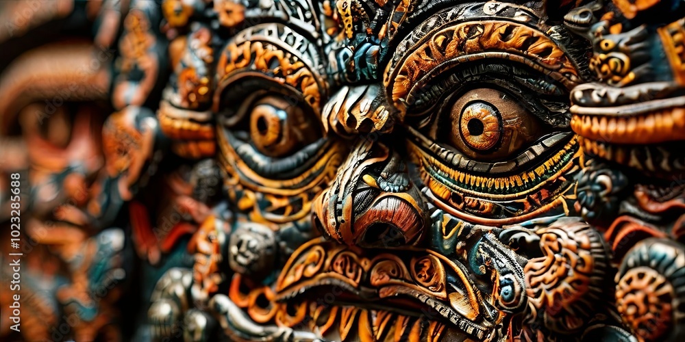 A face carved out of wood with a lot of detail A face carved out of wood with a lot of detail
