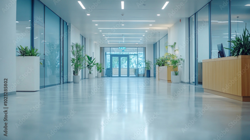Modern Office Hallway with Glass Walls and Indoor Plants Modern Office Hallway with Glass Walls and Indoor Plants