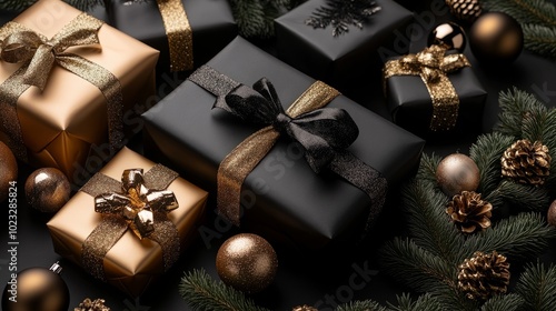 A group of black and gold presents are arranged on a table with a tree branch