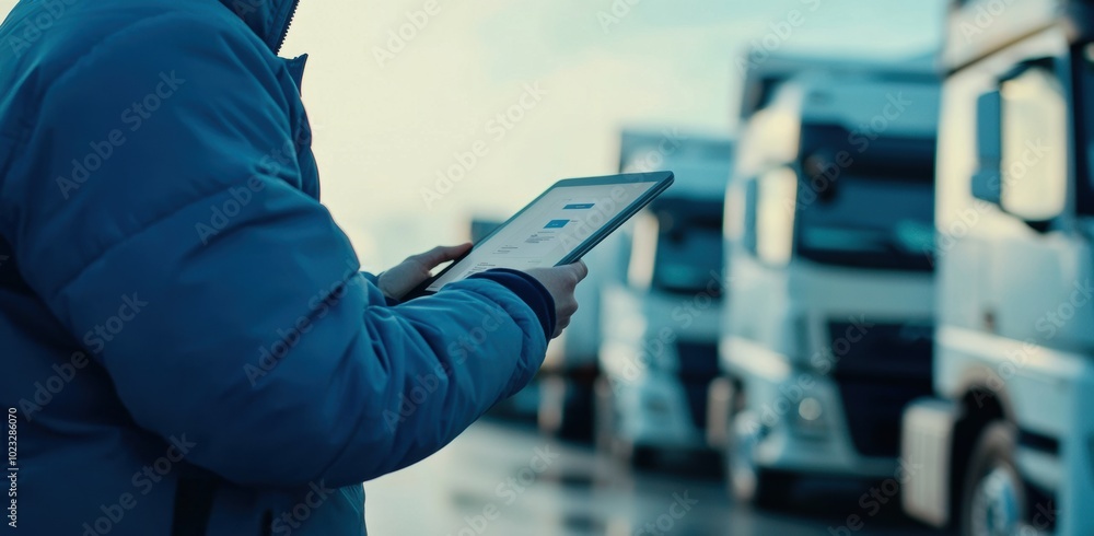 Man using a tablet while observing parked trucks at a transport yard Man using a tablet while observing parked trucks at a transport yard