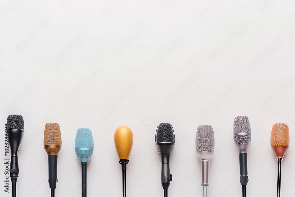 A collection of various microphones in different colors arranged in a row on a plain background. A collection of various microphones in different colors arranged in a row on a plain background.