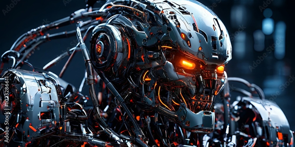 A robot with a skull on its face and glowing red eyes A robot with a skull on its face and glowing red eyes