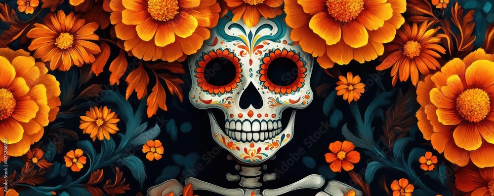 Vibrant sugar skull adorned with bright flowers, symbolizing life and death in a colorful celebration of culture. Vibrant sugar skull adorned with bright flowers, symbolizing life and death in a colorful celebration of culture.