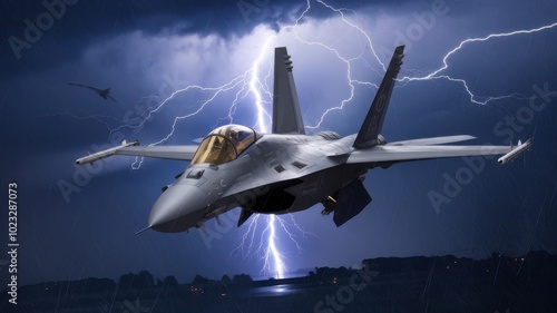 Military jet flying through a stormy sky with lightning, dramatic atmosphere.