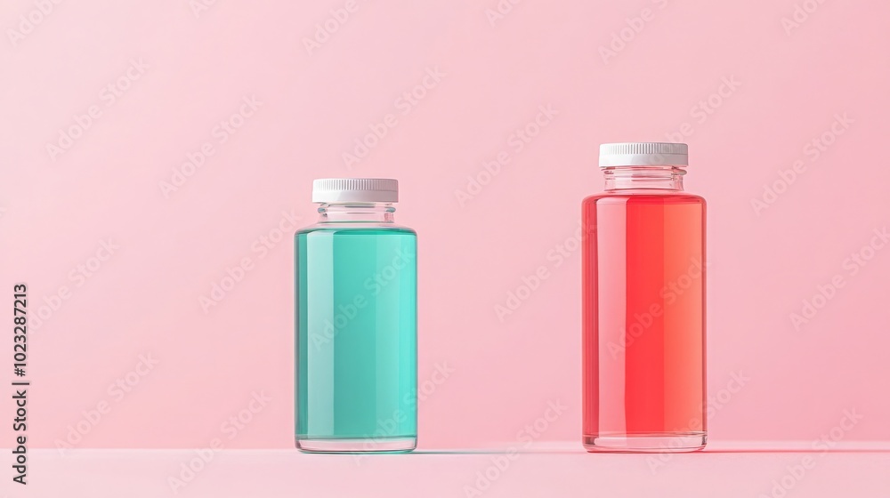 Sleek Minimalist Display of Cyan-Blue Liquid from Red Cabbage and Red Pigment from Chinese Red Radish Sleek Minimalist Display of Cyan-Blue Liquid from Red Cabbage and Red Pigment from Chinese Red Radish