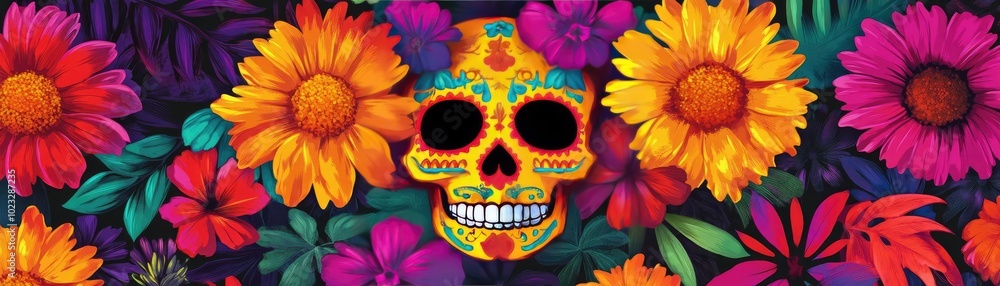 Vibrant sugar skull surrounded by colorful flowers, representing celebration and remembrance in a festive cultural scene. Vibrant sugar skull surrounded by colorful flowers, representing celebration and remembrance in a festive cultural scene.