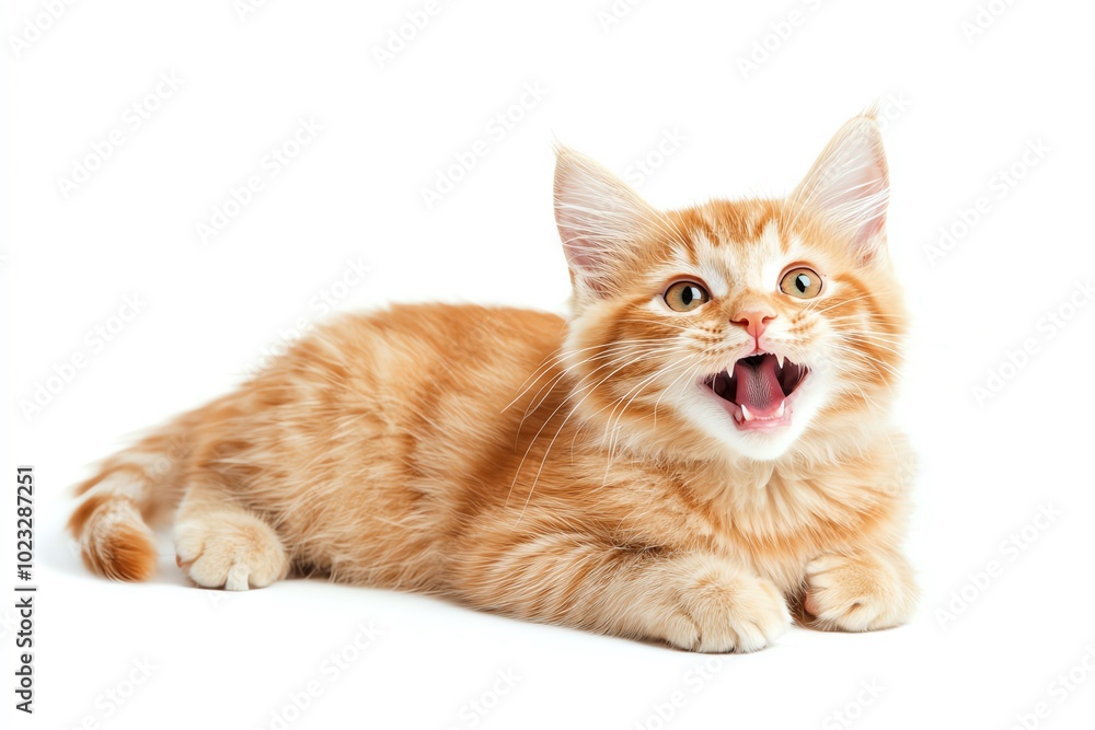 Fototapeta premium A playful orange kitten with a joyful expression, showcasing its vibrant fur and curious nature against a clean white background.