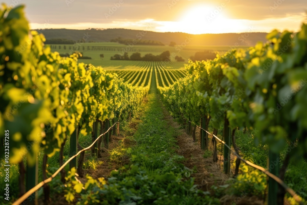 Fototapeta premium Vineyard field in the morning hours outdoors nature yellow.