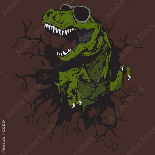 Tyrannosaurus rex dinosaur vector print wearing cool sunglasses. Artwork features a T-Rex dinosaur bursting through the brown background. Apparel graphic artwork.