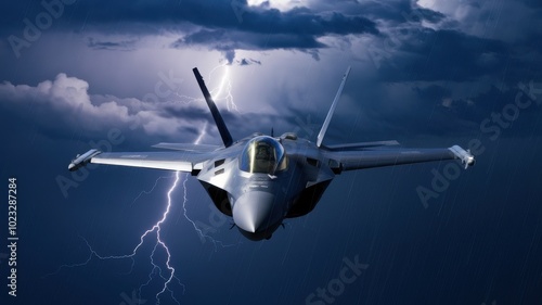 Military jet flying through a stormy sky with lightning in the background.