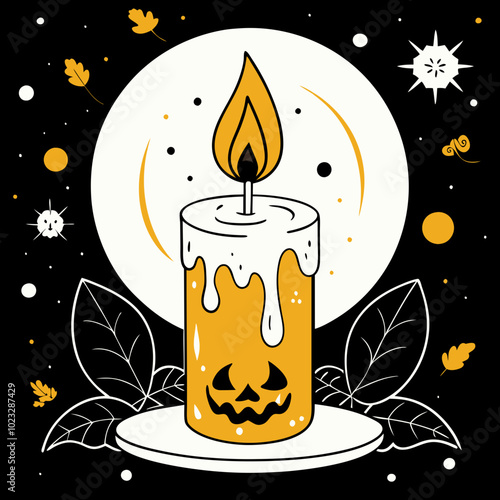 Burning candle with a pumpkin design for a cozy Halloween atmosphere
