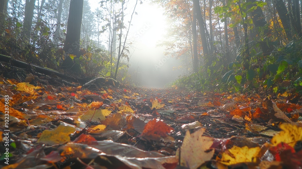 fallen autumn leaves scattered across a misty forest path, morning fog, mystical atmosphere fallen autumn leaves scattered across a misty forest path, morning fog, mystical atmosphere