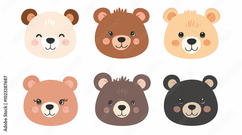 Obraz premium Set Bear card templates. Cute cartoon bear faces,paper art and digital craft style.