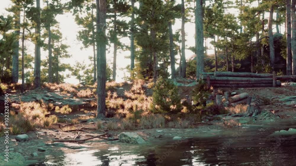 A tranquil lakeside setting features tall trees with sunlight breaking through the canopy. Soft grasses cover the ground, reflecting a peaceful morning atmosphere by the water.