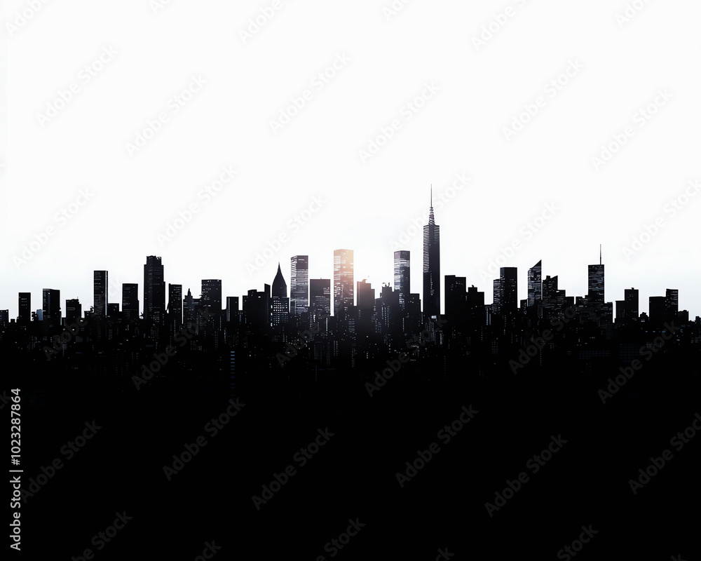 Fototapeta premium A striking silhouette of a city skyline against a bright background, showcasing iconic buildings and a captivating urban landscape.