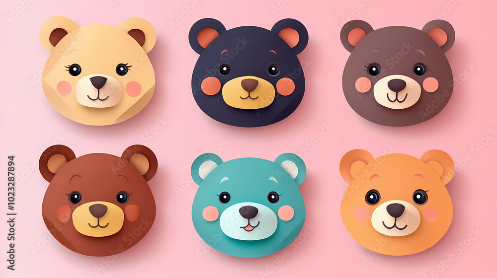 Set Bear card templates. Cute cartoon bear faces,paper art and digital craft style. Set Bear card templates. Cute cartoon bear faces,paper art and digital craft style.