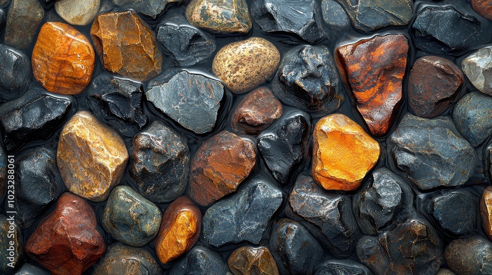 A close-up view of various colorful stones, featuring shades of black, orange, brown, and gray, artistically arranged with water in between. A close-up view of various colorful stones, featuring shades of black, orange, brown, and gray, artistically arranged with water in between.